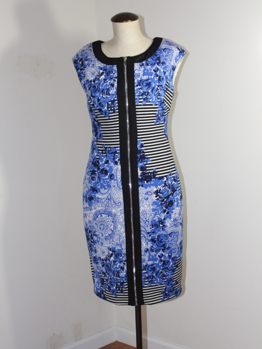 Jax, Blue Floral & Black-Trim Zip Sheath Dress with front silver zipper